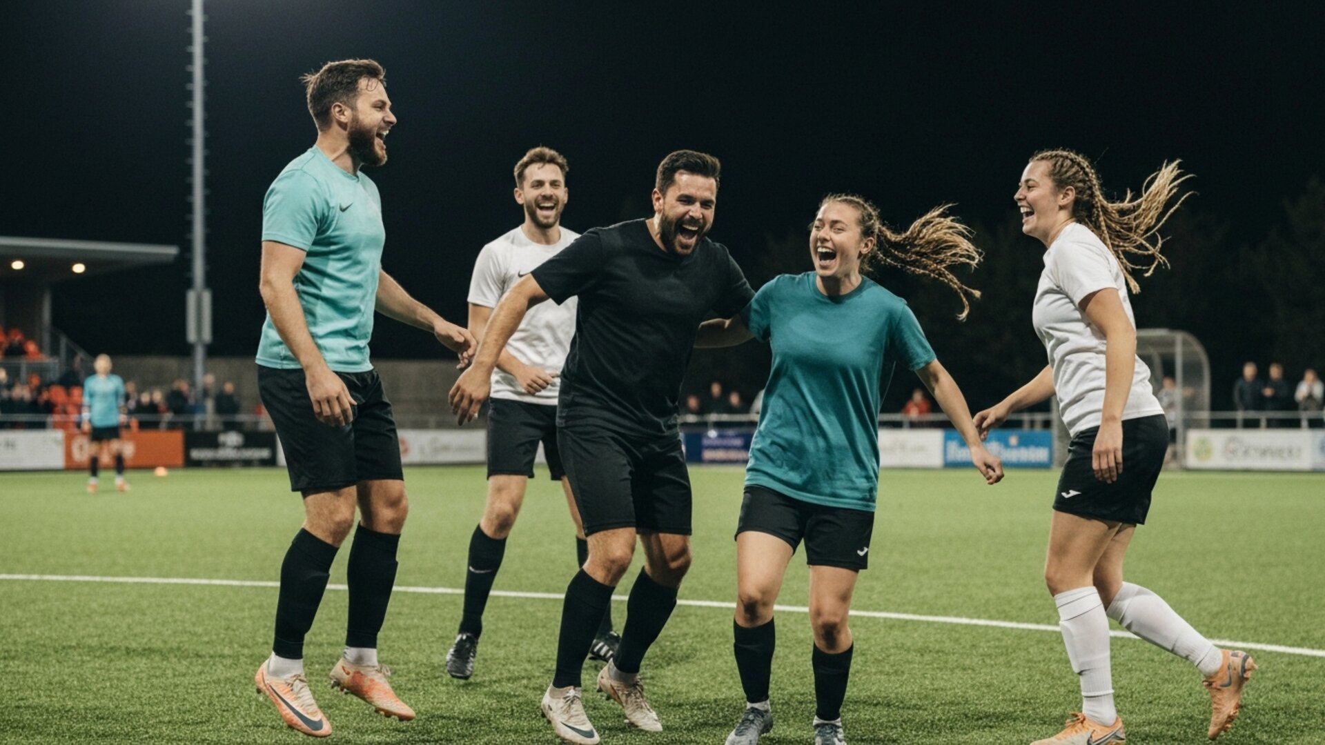 Joueurs amateurs célébrant un but sur un terrain de foot 5v5 à Maurice